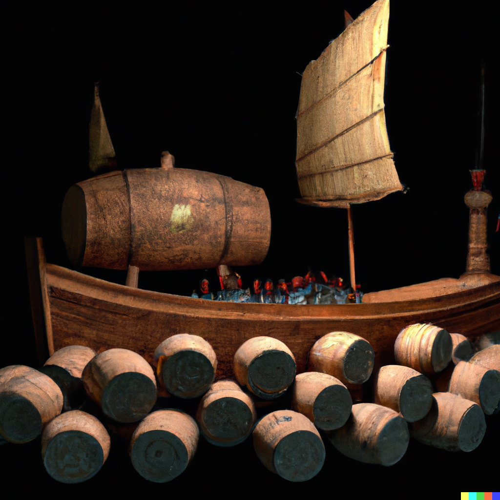 DALL.E-2023-10-12-15.48.22---3D-render-digital-art-ancient-chinese-old-boat-on-see-full-of-barells-with-alcohol
